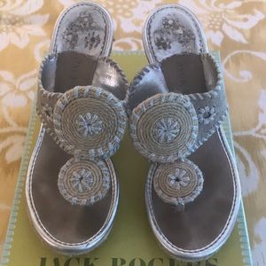 Jack Roger metalic linen stacked 4.5 inch wedges.